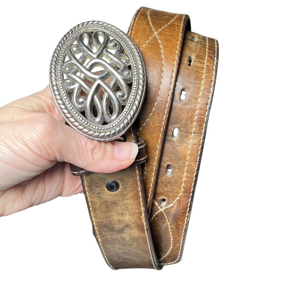 Vintage 1997 Western Leather Belt Removable Filigree Buckle Distressed Tan 44